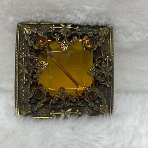 Vintage Amber Color Rhinestone Square‎ Brooch Pin Ornate Antique Style